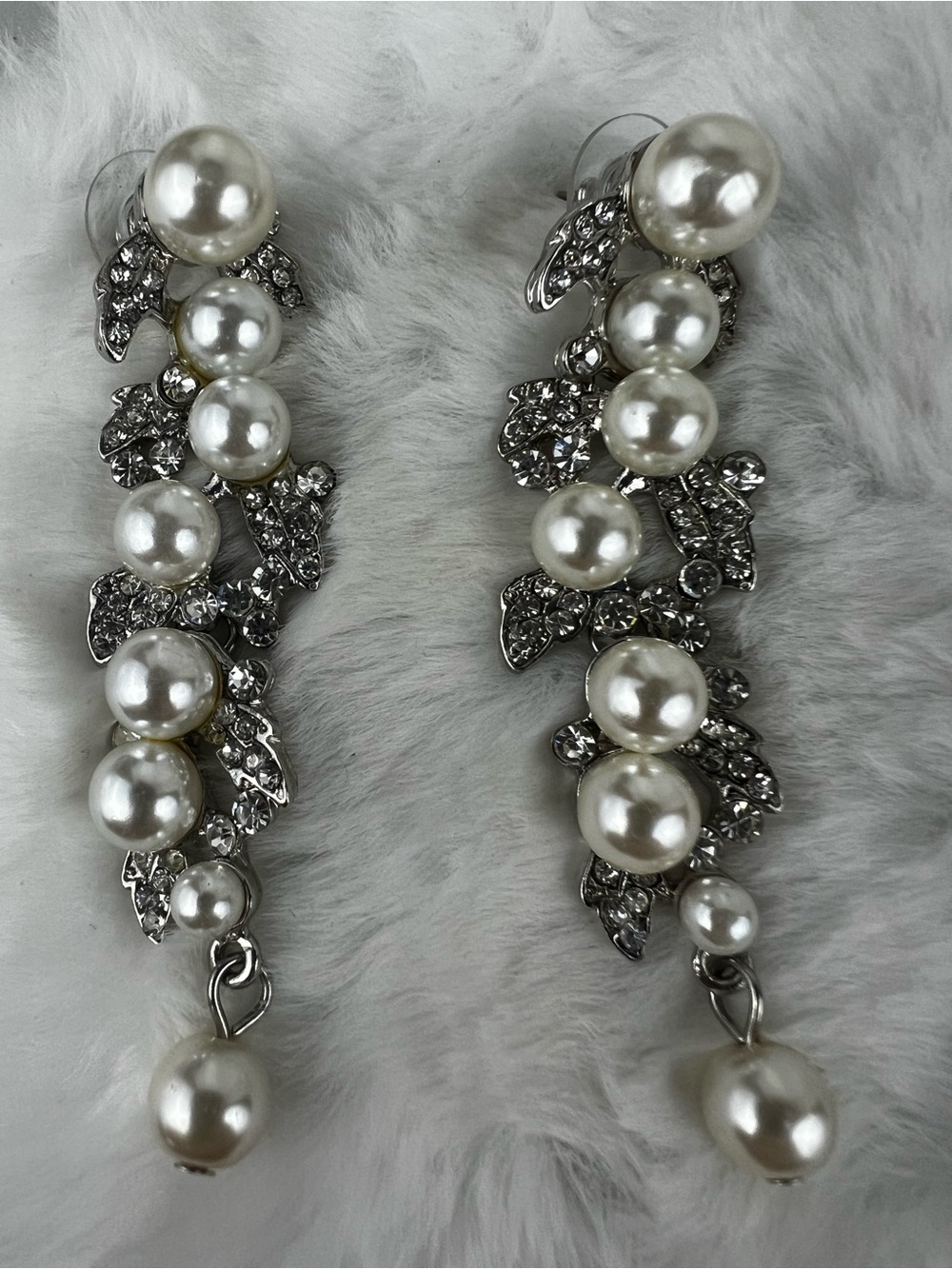 Elegant Silver Faux Pearl Crystal Cascading Chandelier Earrings